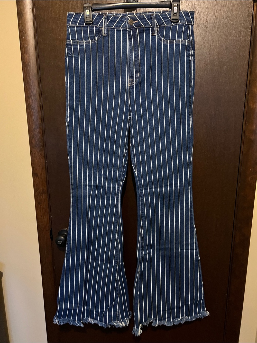 Cello Navy Blue Pinstripe Flare Jeans with Frayed Hem